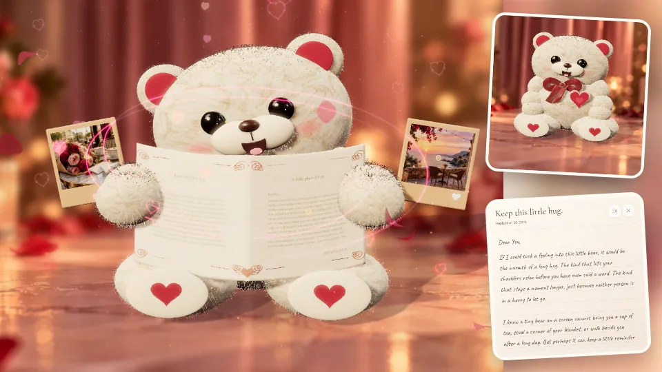 Blushing Teddy Bear actual 3D scene, photos and letter