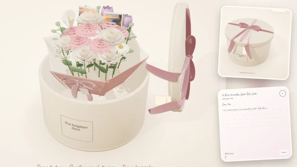 Bouquet actual 3D scene, photos and letter