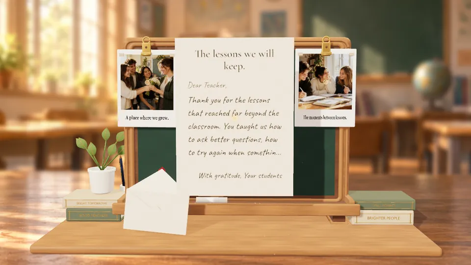 Thank a teacher with a personalized chalkboard, class photos and a letter.