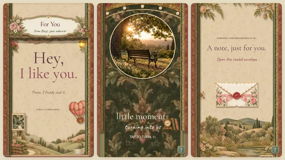 Confession Wall screenshots showing the opening, photo wheel, and floral envelope