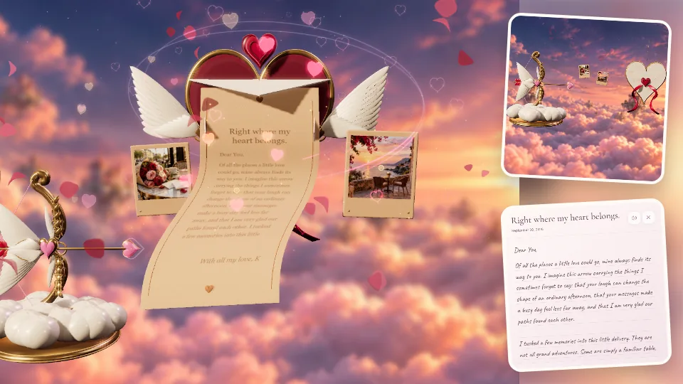 Cupid’s Arrowgram actual 3D scene, photos and letter