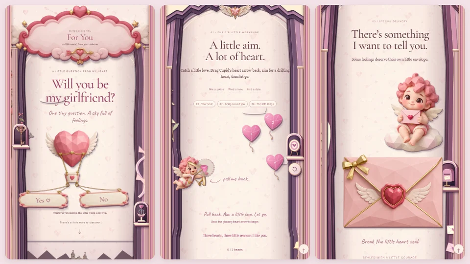 Cupid’s Cloud Nine screenshots showing the question, archery game, and love letter