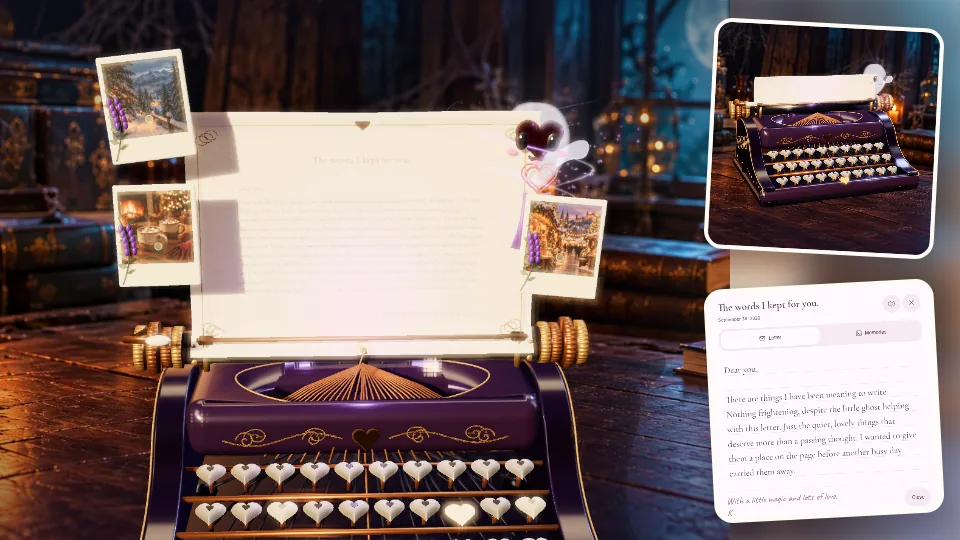 Haunted Typewriter actual 3D scene, photos and letter