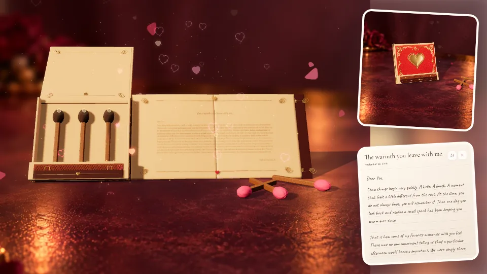 Heart Matchbook actual 3D scene, photos and letter