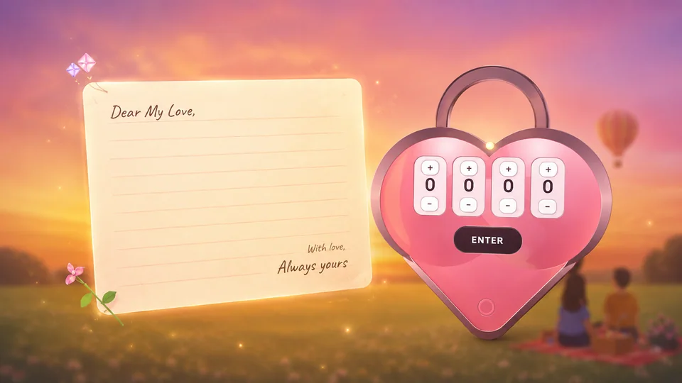 Love Letter preview with a handwritten letter and a pink heart PIN lock