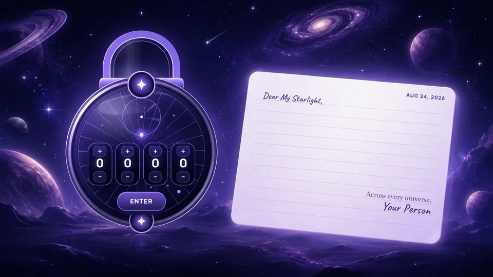 Love Lock Galaxy preview with a violet constellation padlock and a floating love letter
