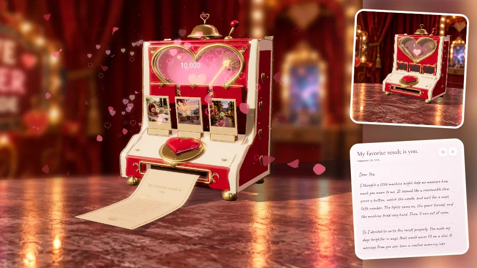 Love Meter Arcade actual 3D scene, photos and letter