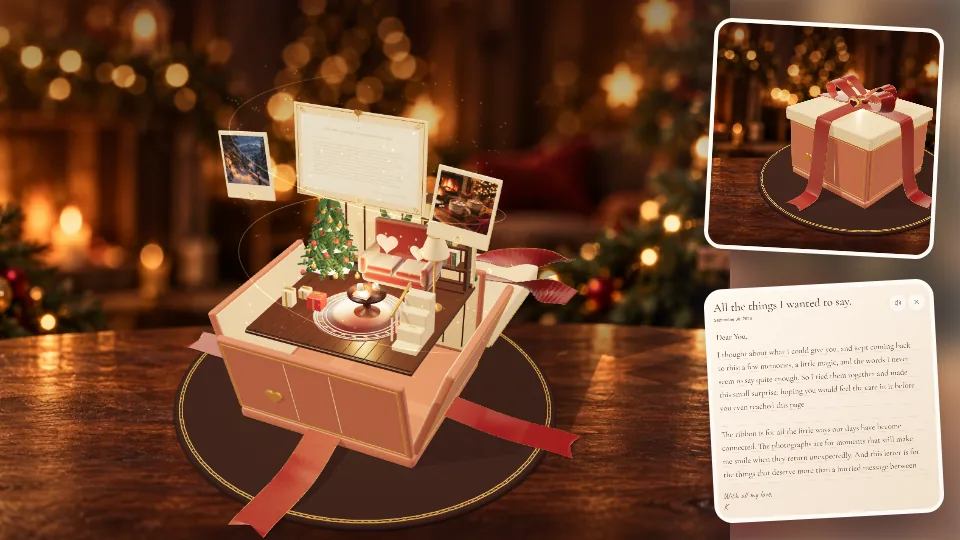 Ribbon Gift Box actual 3D scene, photos and letter
