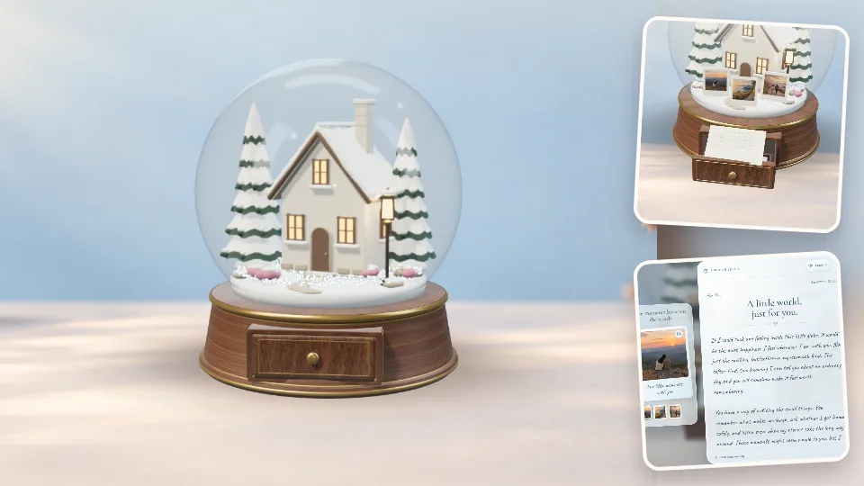 Snow Globe actual 3D scene, photos and letter