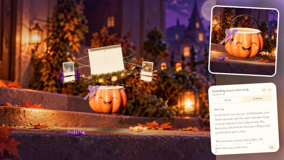 Trick-or-Treat Candy Bucket actual 3D scene, photos and letter