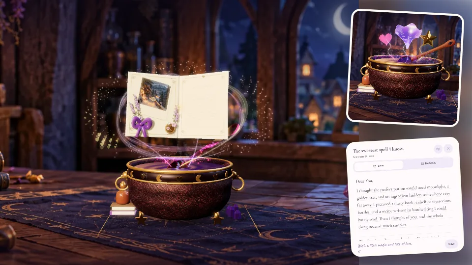 Witch’s Potion Cauldron actual 3D scene, photos and letter